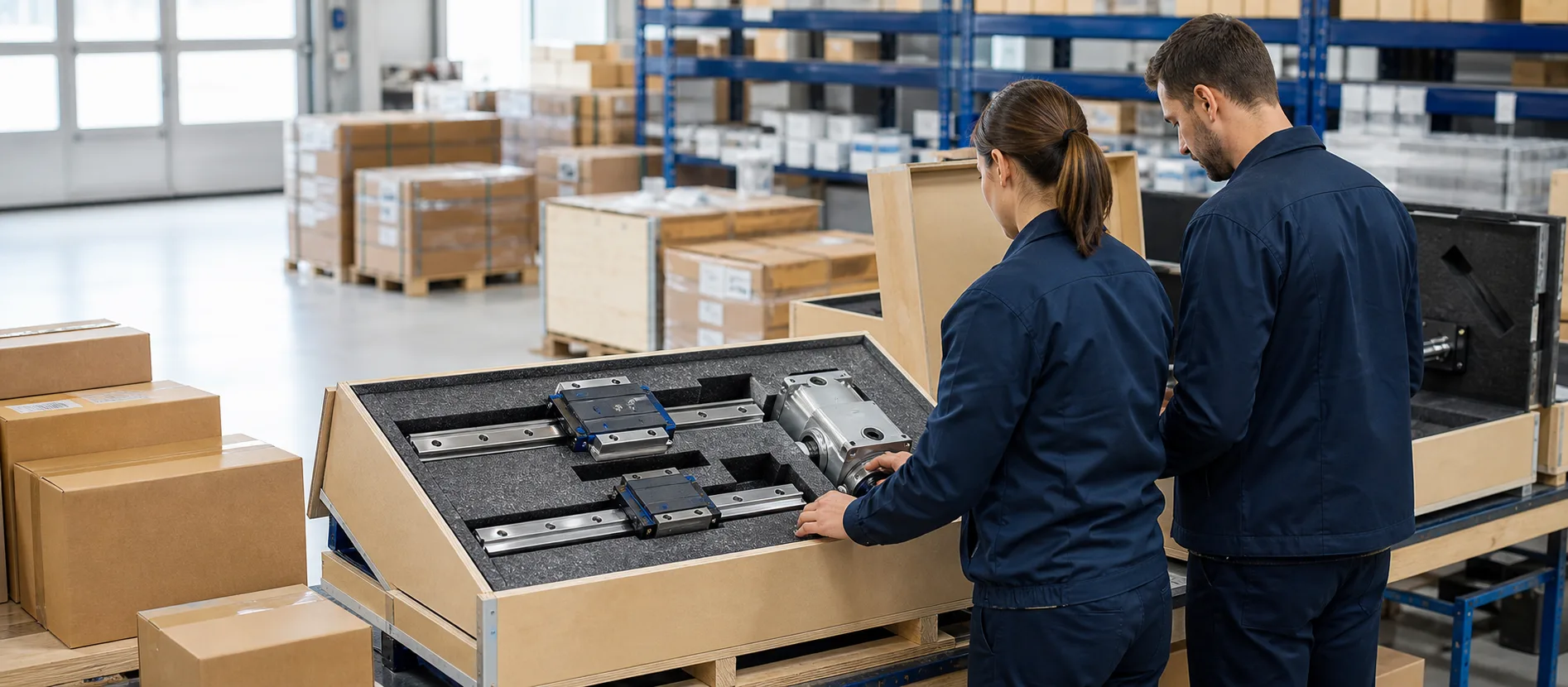 Precision automation components prepared for international delivery