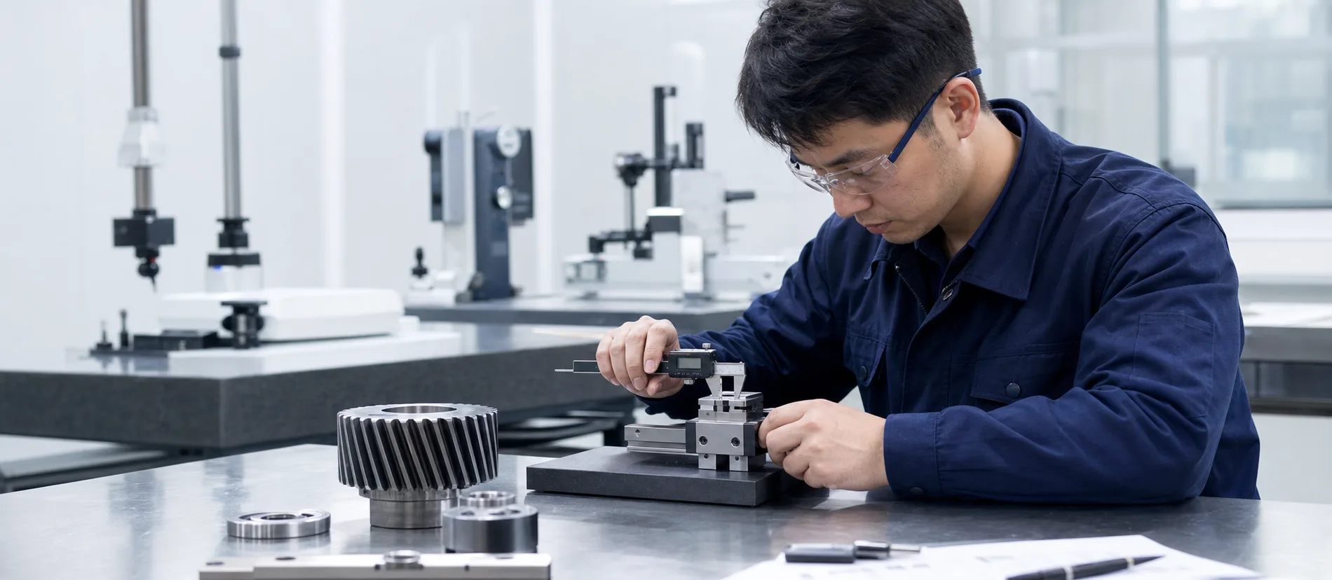Quality engineer inspecting precision industrial components